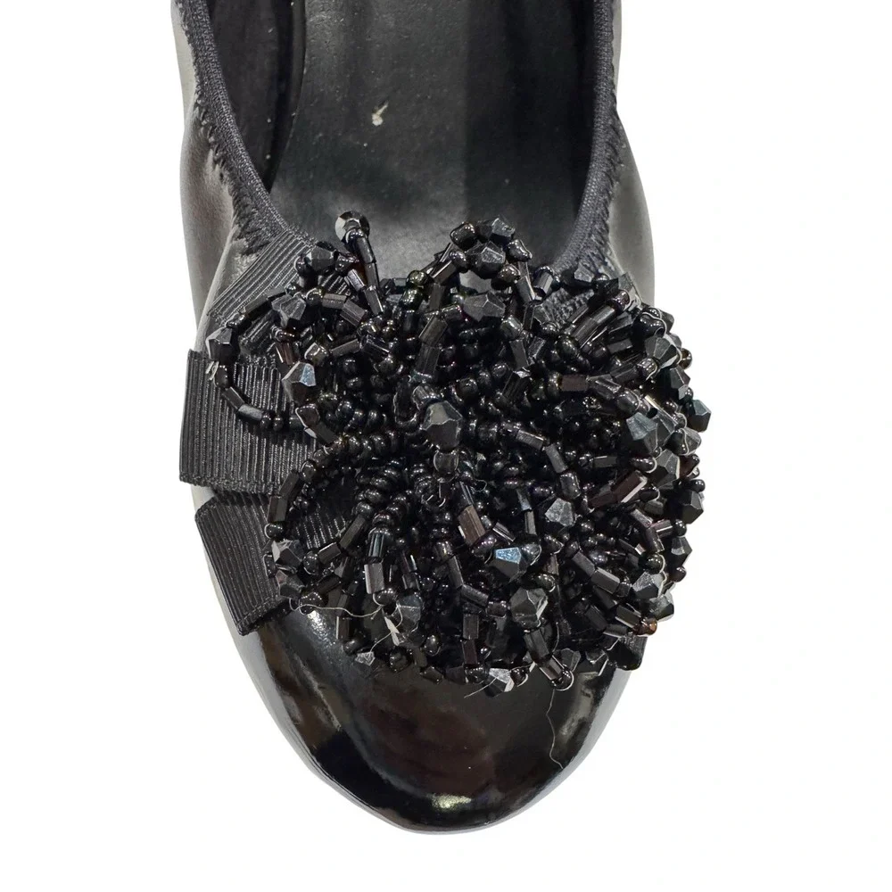 Bella Black Beaded Floral Pumps Cutout Architectural Heel Patent Cap Toe Size 7